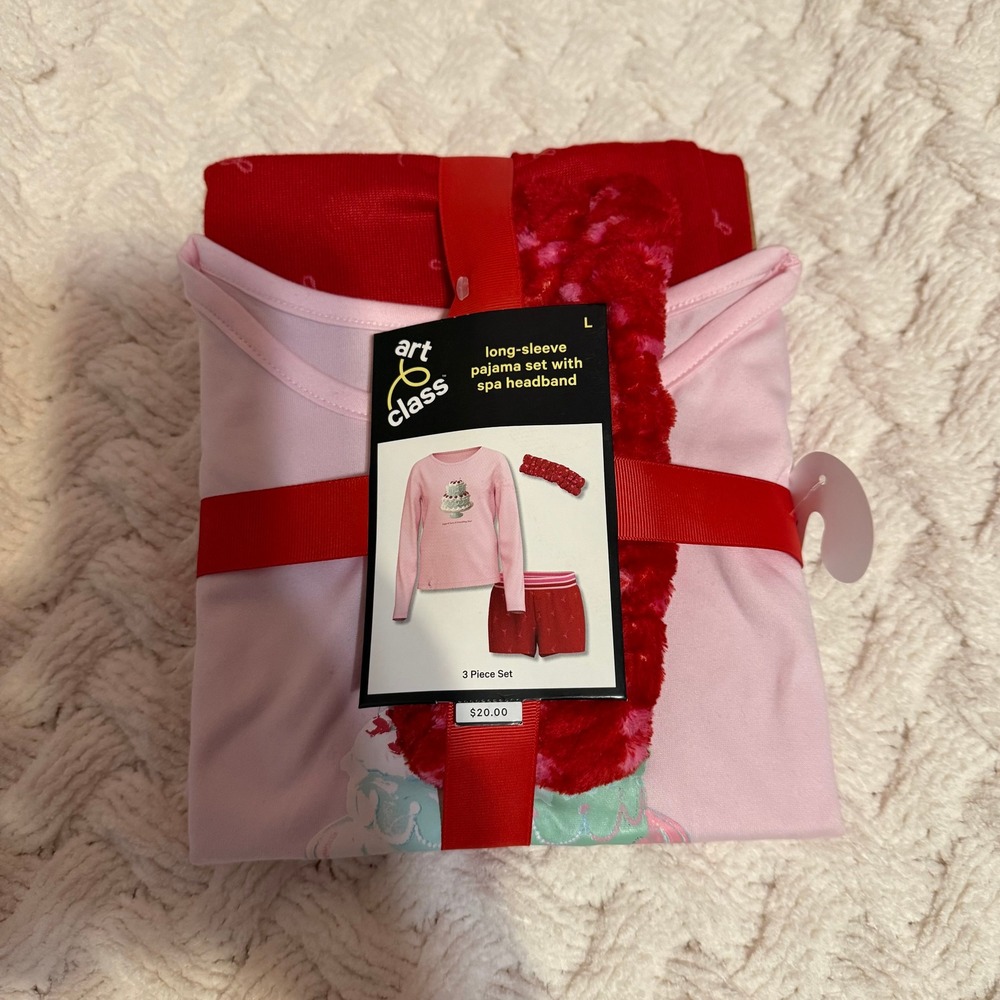 Art Class Girls 3 Piece Pajama Set Pink Holiday Cake Top Red Shorts Headband L
